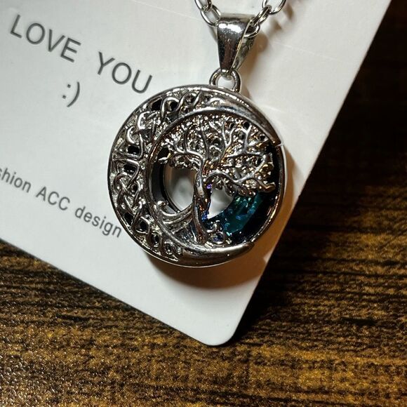 Tree Of Life Pendant With Cubic Zirconia & Crystal Decor Moon Shaped Necklace - Picture 1 of 4